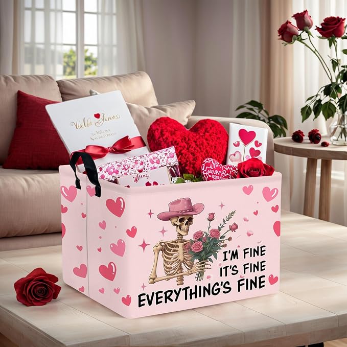 Valentine's Day Basket Gift for Empty Cute Heart Large Storage Bin for Kid and Baby Room Décor (Pink Rose Skull Heart)