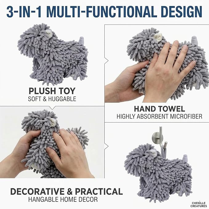 Cute Dog Chenille Hand Towel, 3D Fuzzy Puppy Hangable Ball Hand Towel Microfiber Super Soft Absorbent Bathroom & Kitchen Towels with Hanging Loop, Can Be Placed on the Sink Countertop (Gray)
