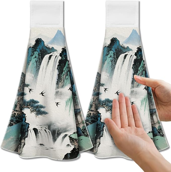 CUTHOLLOW Chinese Style Landscape Hanging Kitchen Towels with Loop, Set of 2 Soft & Super Absorbent Microfiber Decorative Hanging Dish & Hand Towel, Tea, Coffee Towel for Kitchen Bathroom Oven Handle