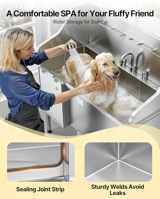 VEVOR Professional 304 Stainless Steel Dog Bathing Station, 61 inch Pet Grooming Tub w/Anti-Slip ramp, Storage Drawer, Cold Hot Faucet Showerhead, for Large & Medium & Small (Left Door, with Drawer)