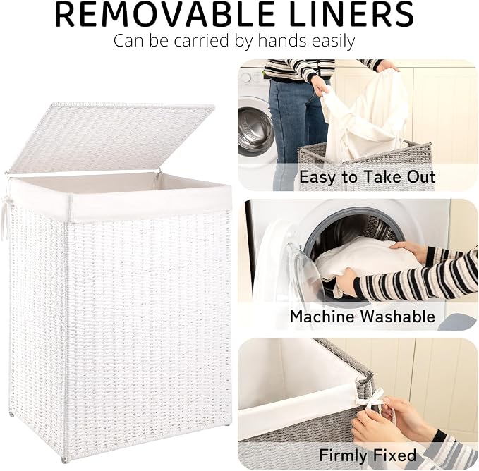 OIAHOMY Laundry Hamper with Lid, 90L(23.8 Gal) Large Wicker Laundry Basket for Bedroom, Handwoven Paper Rope Clothes Hamper with Washable Liner & Metal Frame, Decorative Organizer for Bathroom White
