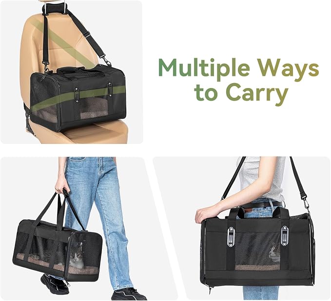 Petsfit Large Cat Carrier for Car Travel, Patented Seat Belt Buckle, 20 lb | 19 x 12 x 12 in; for large cats and small dogs, with locking zippers, anti-scratch mesh, reinforced frame and washable pad.