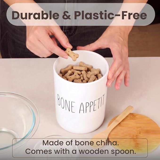 Arthausen Bone Appetite Dog Treats Ceramic Storage Jar Canister - Airtight Bamboo Lid w/Silicone Seal, Spoon - Modern Abstract Art Design for Kitchen Counter or Bathroom - 4 cup / 1080mL