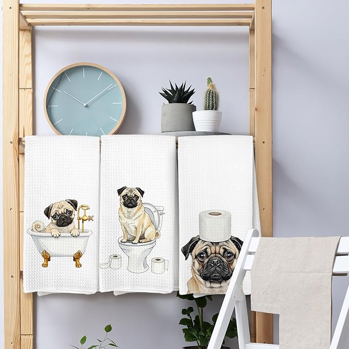 Pug Bathroom Towels, Funny Dog Bathroom Hand Towels Decorative Set of 3, Pug Dog Home Decor Gifts for Women