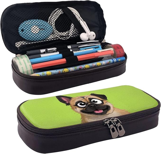 Leather Pen Case with Zipper - Aesthetic Pen Holder Dog funny face animal Pencil Case for Women & Men - Handcrafted Pencil Bag Multi-Functional Travel Cosmetic Case for Work Office Tool Pouch