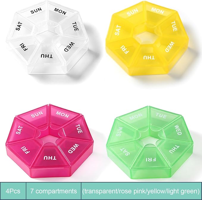 4pcs Travel Pill Organizer, Small Portable Pill Box, 7 Compartment | Weekly Medicine Dispenser, Vitamin Supplement Holder Reminder, Arthritis-Friendly(Yellow,Light Green,Transparent,Rose Pink)