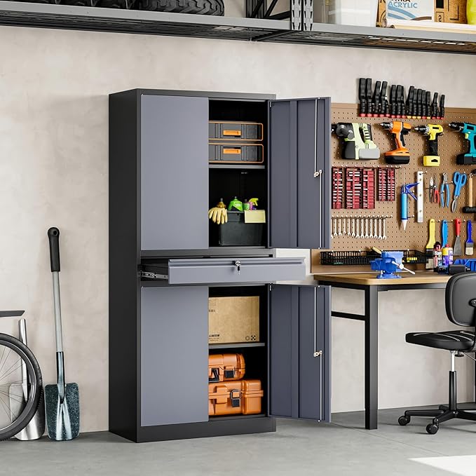 Metal Garage Storage Cabinet with Locking Doors and Adjustable Shelves, 71" Steel Tool Storage Cabinet with 1 Drawer for Garage,Office,Warehouse (Gray Black)