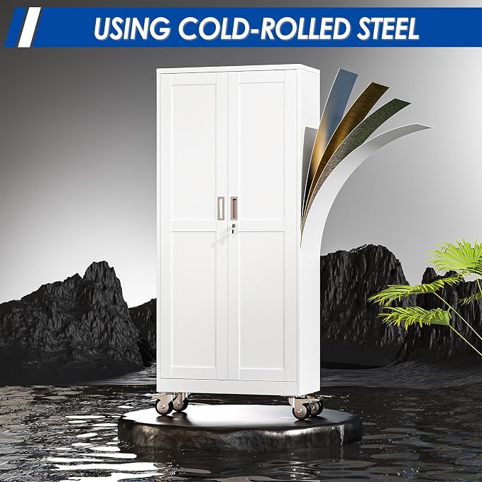 GAIOUS Metal Garage Storage Cabinet with Lock, Steel Tool Cabinet with 2 Doors and 5 Adjustable Shelves, 75” Tall Lockable File Cabinet with Wheels, Organization for Home Office Garage Gym - White