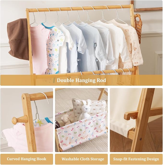 Baveke Kids Clothing Rrack- Kids Dress Up Rack for Little Girls, FSC-Certified Bamboo Kids Clothes Rack, Toddler Dress Up Storage Rack & Folding Costume Rack, Double Rods, Pets Clothes Rack, Number
