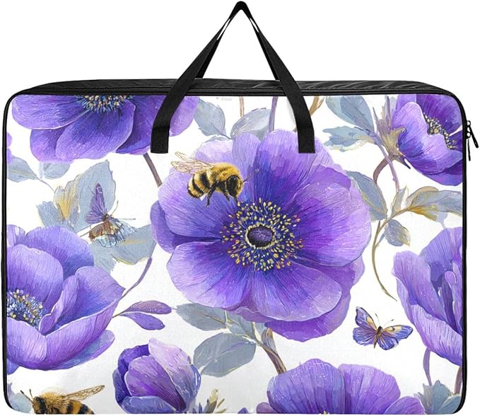 Comforter Storage Bags Large Folding Blanket Organizer Bag with Strong Handles Clear Window Closet Storage Containers for Clothes King Queen Pillows Bedding Quilt Duvet Purple Anemone Bees