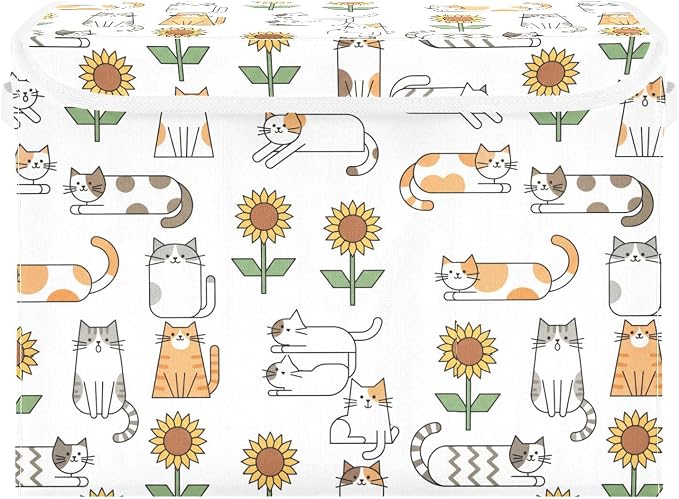 Cat Sunflower Fabric Storage Bins with Lid Foldable Storage Boxes Baskets | Decorative Storage Boxes, Dust-Proof Flip Top, Reinforced Handles, For Home & Bedroom, Clothes & Toy Box, Oxford Fabric Print