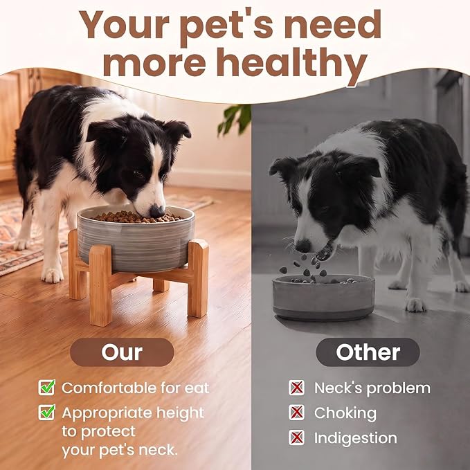 hjn Elevated Ceramic Dog Bowl with Bamboo Stand, Raised Pet Feeding Station for Small Medium Dogs Cats, Modern Design with Anti-Slip Base (White Gray, 7.6Cup)