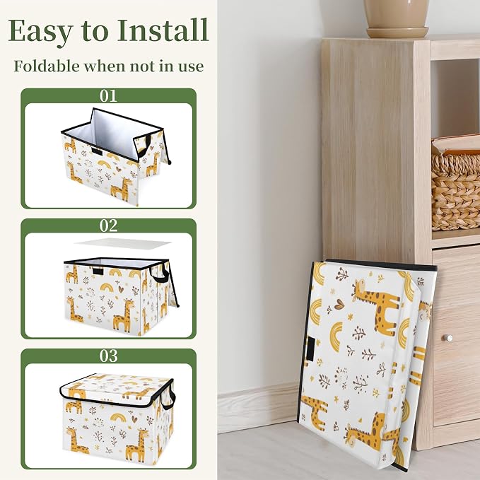 Cute Giraffe Storage Bins with Lids, Wildflower Foldable Storage Boxes with Carrying Handle Organizer Containers Baskets Cube for Home Bedroom Closet
