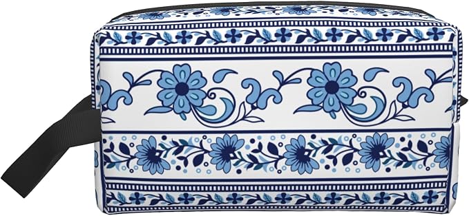 Blue & White Aesthetic Makeup Bag - Durable 600D Oxford Fabric Travel Cosmetic Bag, Shockproof Foam Padded Toiletry Organizer for Gym & Daily Use 10x6.2x4.9 Inch