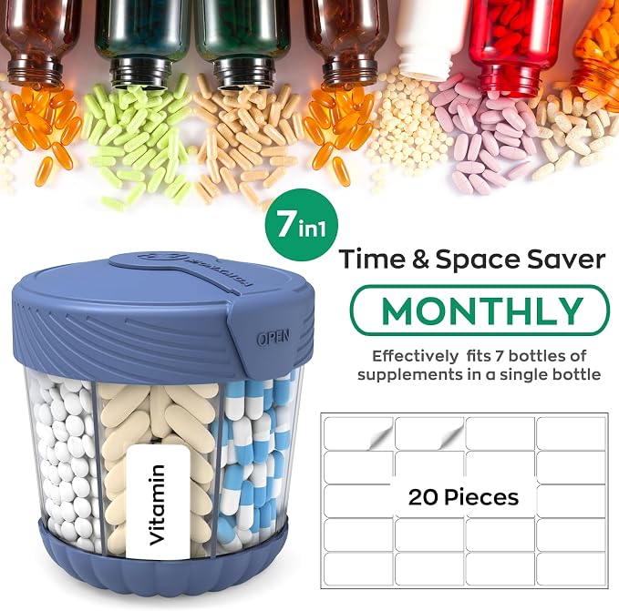 HIONXMGA Large Pill Organizer Anti-Mix, 7-Compartment, 20 Labels, BPA-Free | Portable Pill Dispenser Easy to Open & Retrieve, Wide Opening Design Easy Access for Vitamins, Fish Oils, Supplements