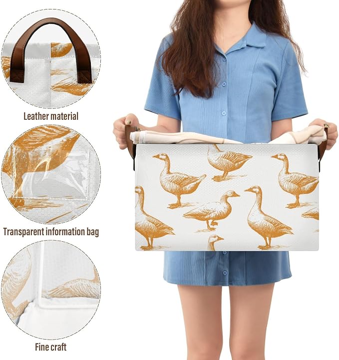 Hand Drawn Retro Goose and Duck Storage Basket Foldable Cube Storage Bins with Handles&Label Waterproof Collapsible Organizer Box Bin Large Rectangle Decorative Baskets for Shelves Home Room Laundry