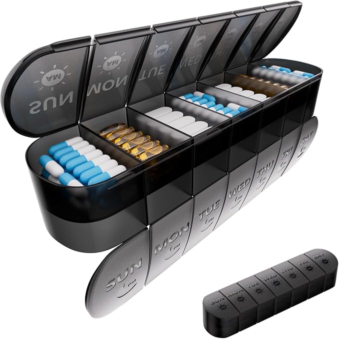 Weekly Pill Organizer 2 Times a Day, Travel Medicine Pill Organizer, Pill Box Case 7 Day AM PM BPA-Free, Pill Container for Vitamins, Fish Oil, Supplements and Medication, Black