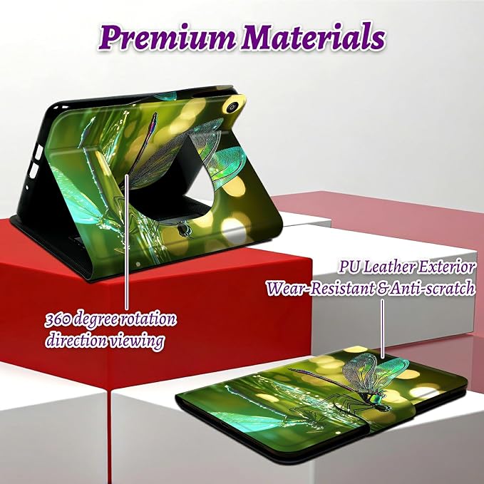 Rotating Handle Case for Samsung Galaxy Tab A11 Plus 2026/A9 Plus 11" 2024, 360 Degree Swivel Kickstand with Magnetic Closure Shockproof Leather Cover for Women Men, Green Dragonfly
