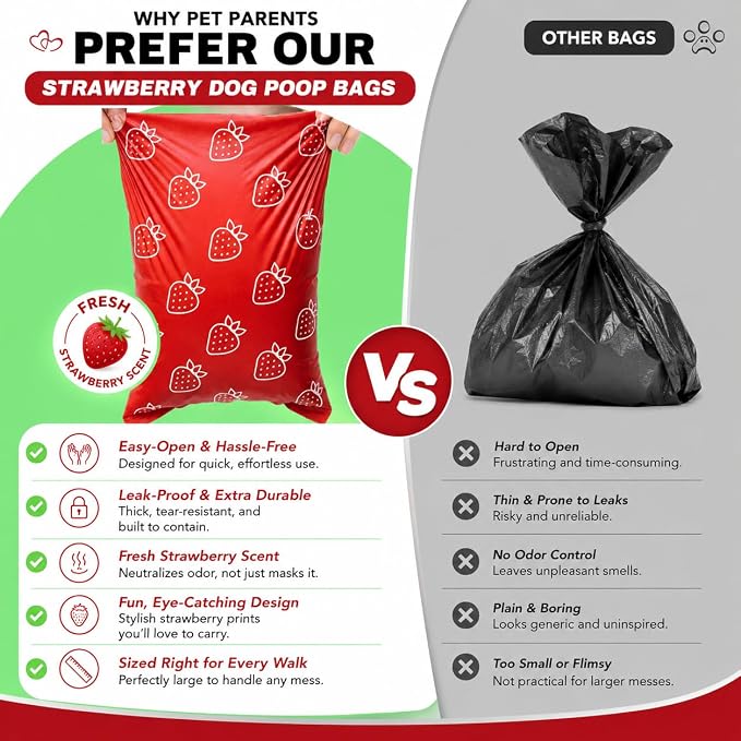 Strawberry Scented Dog Poop Bags - 8 Rolls 120 counts Leak Proof | Extra Large 13x9 Inch Red Dog poop bags rolls with Dispensers, Fragrance Bags for Dogs Walking and Cat Litter