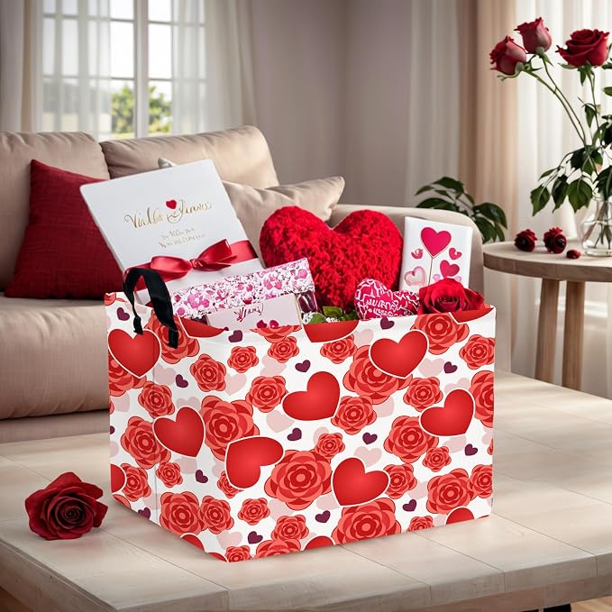 Valentine's Day Basket for Gifts Empty Cute Heart Large Gift Basket Decorative Storage Bin for Kid and Baby Room Décor (Red Love Rose)