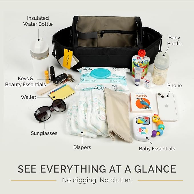 VERAVIE Extra Large Stroller Caddy Organizer Storage Bag, Cup Holders | One-hand magnetic closure, shoulder strap, diaper bag, wagon & pet stroller accessories, new mom essentials, baby travel gear