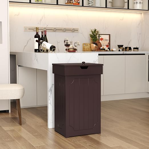 Function Home Trash Can Cabinet, 13 Gallon Kitchen Garbage Can, Wood Recycling Trash Bin, Freestanding Dog Proof Trash Can, Farmhouse Trash Cabinet with Lid for Home Kitchen Bathroom, Coffee