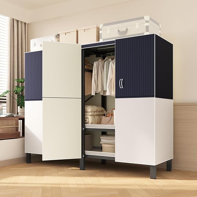 49.2in Heavy Duty Portable Closet with Cover, 1500lbs Foldable Covered Metal Clothing Wardrobe Closet System, Heavy Duty Garment Rack for Hanging Clothes, for Bedroom, Apartment, Rental Property,Blue