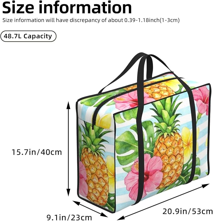 Heavy Duty Packing Bags Pineapple With Tropical Flowers On Blue Stripes, Waterproof Collapsible Storage Organizer Bags with Reinforced Handles for College Dorm and Moving