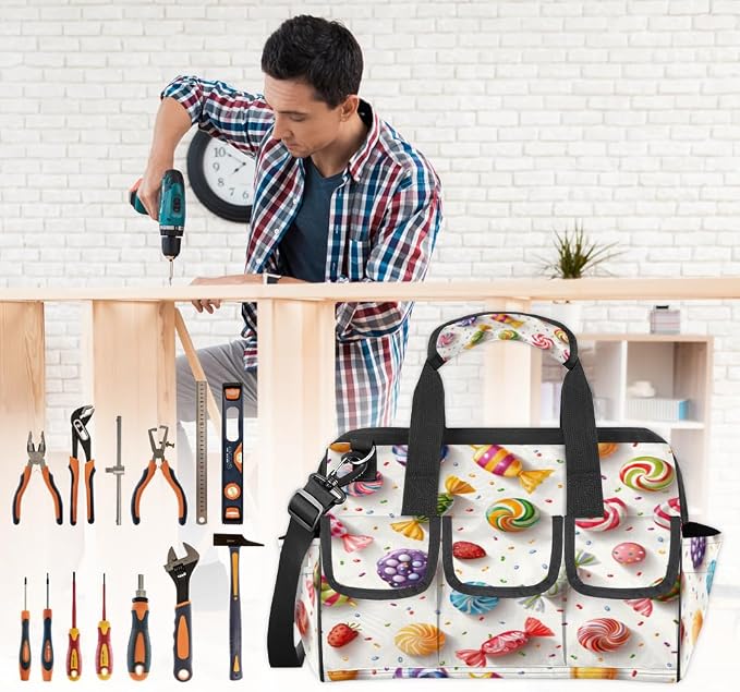Candy Heavy Duty Tool Bag 14.8 Inch Colorful Candy Portable Soft Tool Box Organizer Storage with Adjustable Shoulder Strap