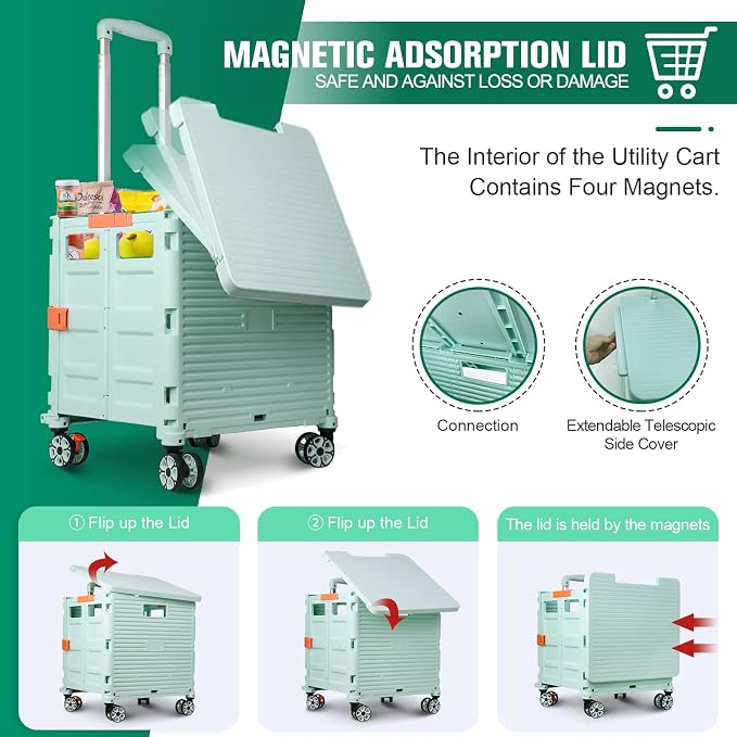 FELICON SELORSS Folding Utility Cart Portable Rolling Crate Handcart-Green | Magnetic Sliding Lid,Telescoping Handle,Plastic Box Dolly,360°Swivel Wheels for Travel Shop Move Laundry Office Teacher Use