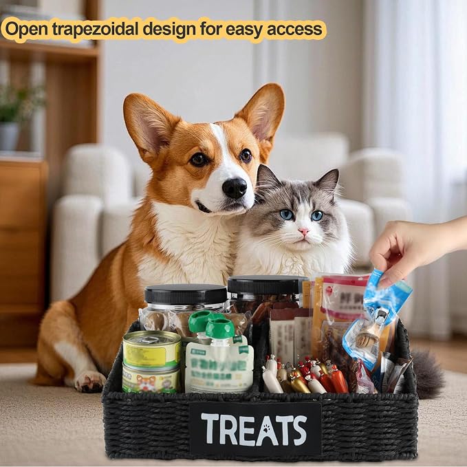 Trapezoidal Dog Treat Container Airtight,3-Compartments Dog Treat Organizer,Dog Treat Storage Countertop,Pet Caddy,Great Gift for Pet Dog Owners-Black Wicker Basket