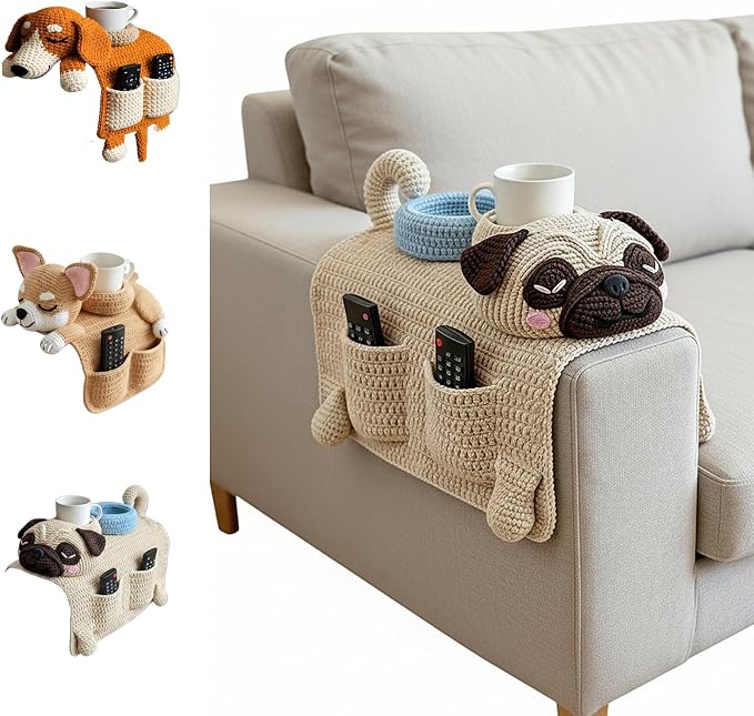 Crochet Sofa Armrest Organizer with Cup Holder, Cute Dog & Cat Shaped Couch Caddy, Anti-Slip Remote Control Holder for Recliner, Handmade Storage Pocket for Tablet, Gifts for Pet Lovers (white)