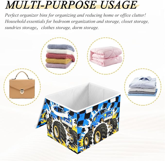 Fabric Storage Bins with Lid Monster Truck Closet Storage Basket 40L | Decorative Storage Boxes, Foldable & Stackable, Dust-Proof Flip Top, Reinforced Handles, For Home & Dorm, Clothes & Toy Box
