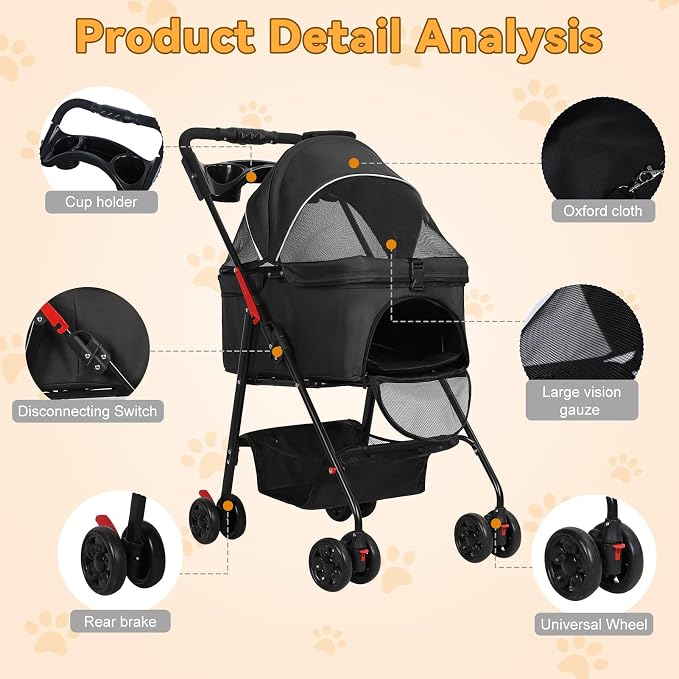 4 Wheel Foldable Pet Stroller – Removable Carrier for Dog Cat, Breathable Mesh Canopy, Storage & Cup Holder, Lightweight Pet Cart Holds 17.6 lbs for Walks Travel Black