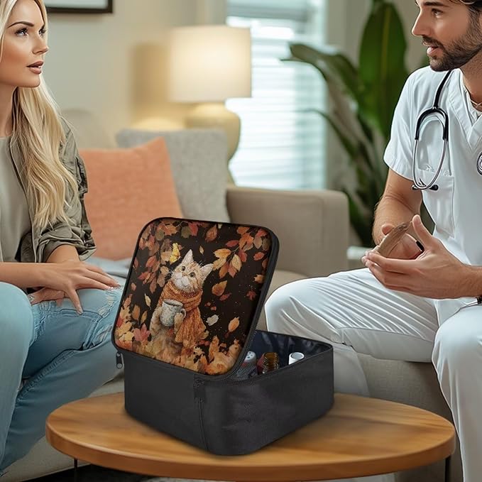 First Aid Kit Bag Fall Cat Maple Leaf Empty First Aid Bag Medical Bag Empty Large Capacity for Home Office and Travel Use Lightweight Washable Soft Fabric