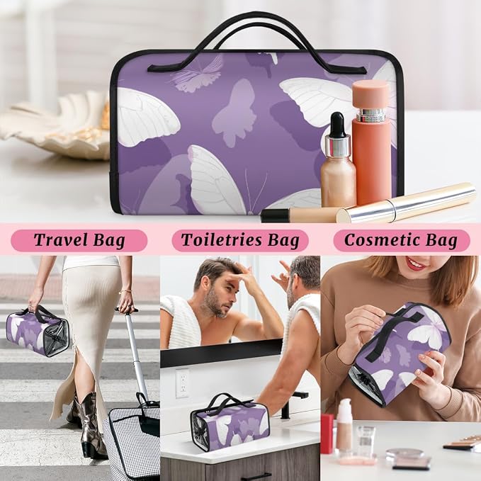 Butterfly Makeup Bag for Women Hanging Roll-Up Travel Organizer Toiletry Kit with 4 Removable Compartments, Purple