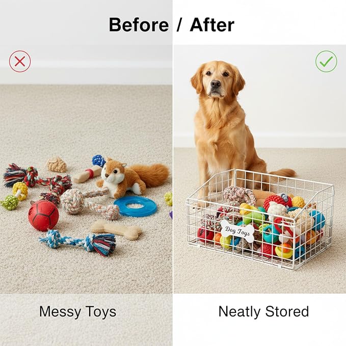 Metal Dog Toy Basket,White Pet Toy Organizer with Bone Label | Dog Toy Basket, Dog Toy Bin, Dog Toy Box