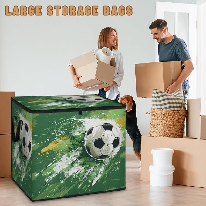 Soccer Large Storage Bags, Fabric Bed Storage Containers, Foldable Closet Organizers for Blanket, Clothing, Comforter, Bedding, Sports Theme