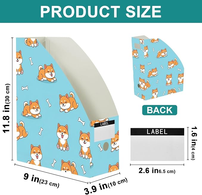 Emelivor Pets Dogs Shiba Blue Print Magazine Holder Set of 3 Desk File Organizer Water-resistant Vertical Folder Holder with Labels for Office Organization File Box for Documents Classroom Home