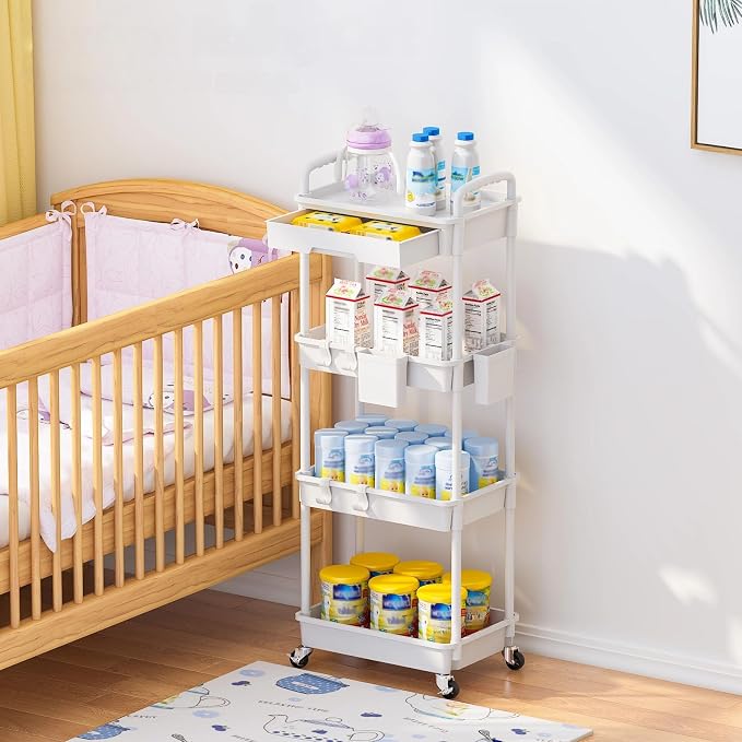 4 Tier Rolling Utility Cart with Drawer, Plastic Storage Organizer Rolling Carts with Wheels Handles Hanging Cups Hooks for Office, Bathroom, Kitchen,Craft Art Room (White)