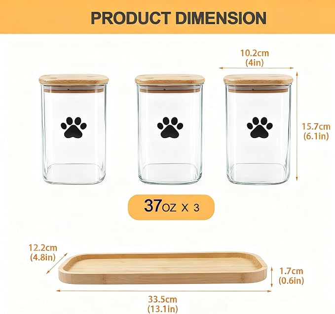 37oz Glass Dog Treat Jars Set of 3,Clear Dog Treat Container with Bamboo Lids,Airtight Cat Treat Jar,Small Pet Treat Canister,Puppy Food Bin-Keep Fresh Crispy-Square
