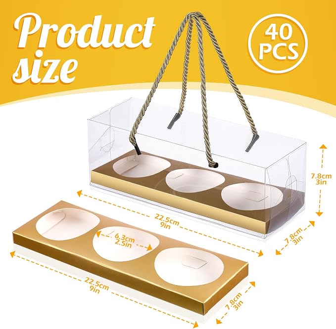 Thenshop 40 Pcs Clear Cupcake Boxes 9x3x3 in 3 Compartment Holder,Gold | Transparent Holders with Handles, Individual Pastry Display for Wedding Graduation Party Favors Cookies Treats Gifts