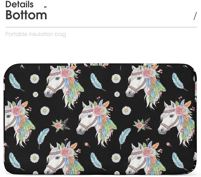 Cool Large Capacity Cooler Tote, Feathers Horse Daisy Floral | Reusable Insulated Lunch Box, for Office Travel, Portable Handheld Food Storage Bag, for Snacks Drinks