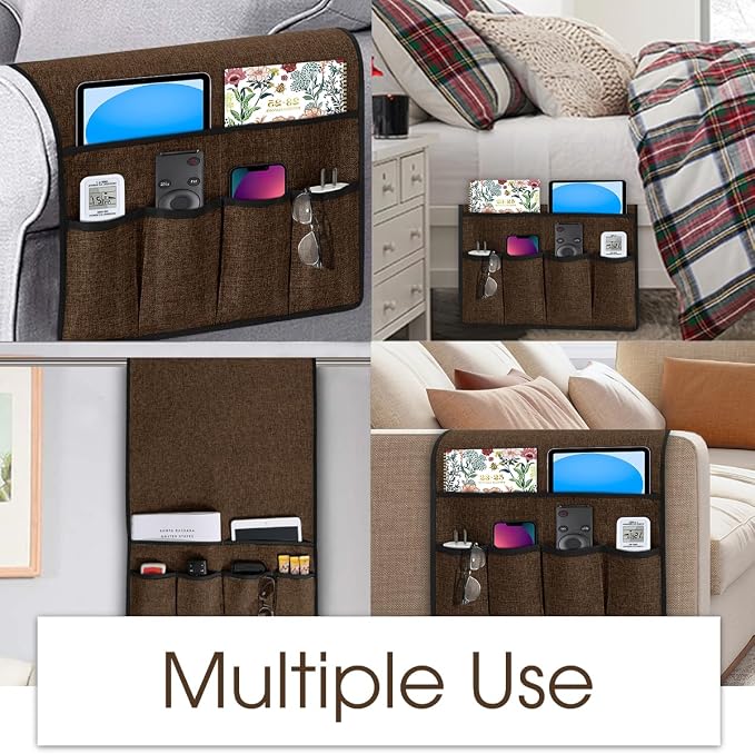 Joywell TV Remote Control Holder for Recliner Sofa Armrest Organizer Couch Caddy Armchair Armrest Organizer Sofa Arm Chair Caddie with 6 Pocket Storage for Magazine, Tablet, Phone, iPad, Dark Brown