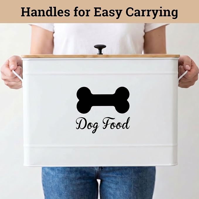 Metal Dog Food Container 15-20 lbs w/ Airtight Bamboo Lid, 70 Cup Capacity | Pet Jar For Dogs up to 100lbs, Airtight Bamboo Lid, Sturdy Comfortable Metal Handle, Powder Coated Iron, Kibble Storage Bin