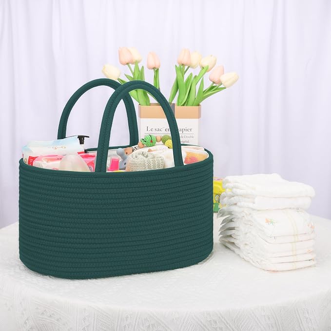 COMSE Baby Diaper Caddy Organizer with Handles, Cotton Rope, Dark Green