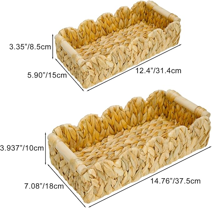 Decorative Toilet Paper Storage Basket, Modern Farmhouse Home Decor Scalloped Basket for Organizing, Pantry Baskets for Shelves, Countertop, Living Room, Wood Handles, Natural Water Hyacinth (2pack）