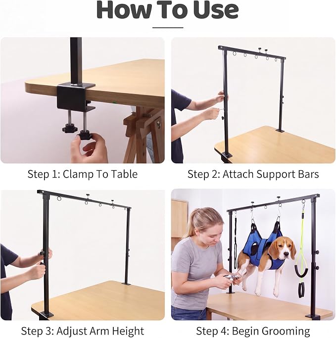 Dog Grooming Arm Double Rod with Hammock, Sturdy Metal Pillar Not Wobble | with Adjustable Metal Clamp Holder Fits Tables Up to 1.65" for Small Medium Dogs Cats Nail Trimming Bathing Drying