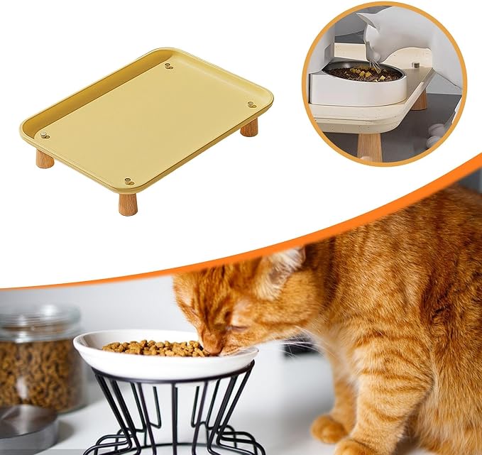 Elevated Pet Feeder Stand for Automatic Cat & Dog Feeders, Wood and Metal Raised Shelf, 16.93 x 12.01 x 2.76 in, Yellow
