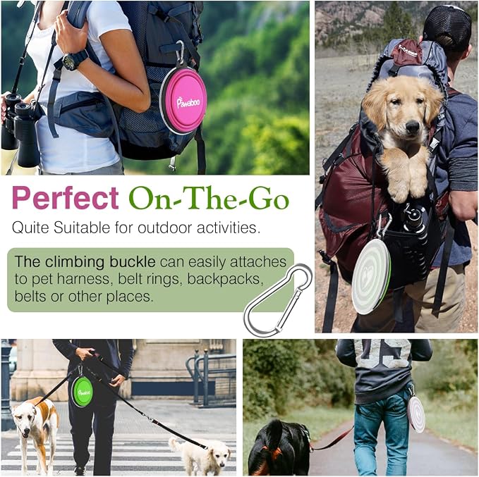 Pawaboo Collapsible Travel Dog Bowls 2 Pack with Lids&Carabiners Silicone | Feeding Watering Bowls for Dogs Cats, Collapsable Water Feeder Food Bowl for Walking Traveling Home Use, Pink + Green